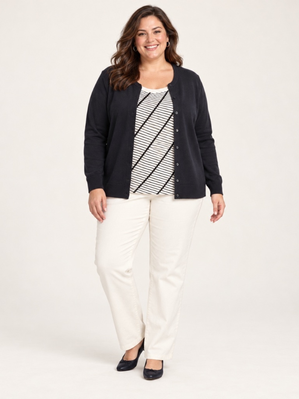 Lands’ End Coldwater Creek 2X Navy Cardigan Striped Top 2 Piece Set